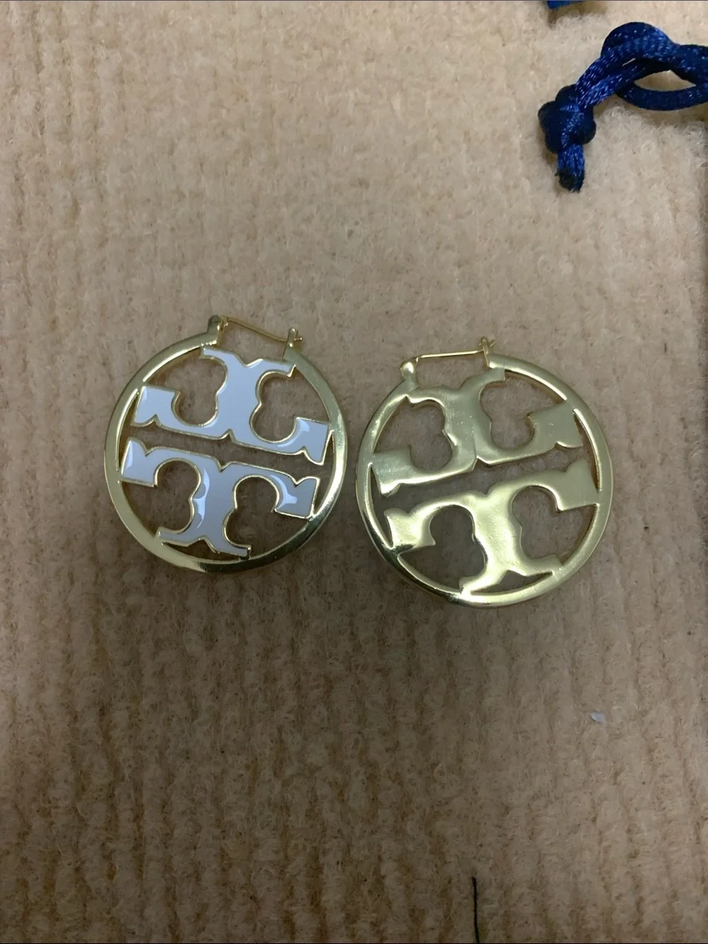 Tory Burch Gold and White Logo Hoop Earrings - Picture 2 of 5